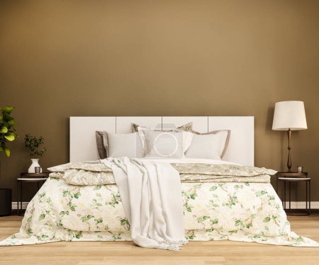 Photo for 3d rendering vintage minimal mock up bedroom with brown background - Royalty Free Image