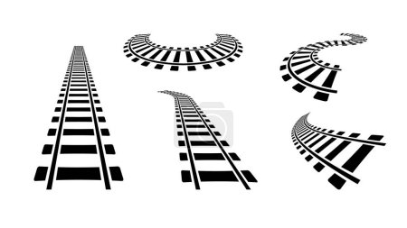 Railways set. Wavy and straight black path made of steel lines with turns and circle for travel by train and vector locomotive