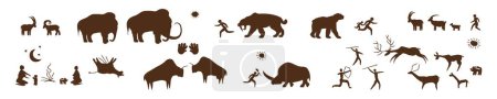 Illustration for Ancient prehistoric rock paintings silhouette. Cave paintings of primitive people hunting mammoths and rhinoceros escaping from saber toothed tiger and cromagnan women graze vector goats. - Royalty Free Image