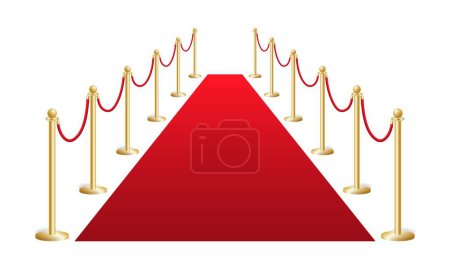 Red vip carpet with fencing gold bollards. Security luxury barrier with rope at solemn ceremonies and vector events