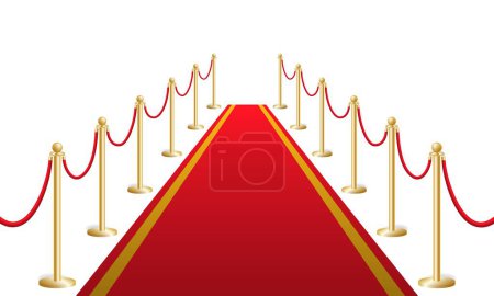 Roter Teppich mit goldenen Pollern. Sicherheitsbarriere mit Seil bei feierlichen Zeremonien und Vektorveranstaltungen