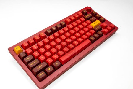 Photo for 27 March 2023-Bucharest, Romania. The Keychron Q2 keyboard in a colorful red design - Royalty Free Image