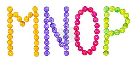 Photo for Letters of the English alphabet laid out from colored beads on a white background, isolated alphabet - Royalty Free Image