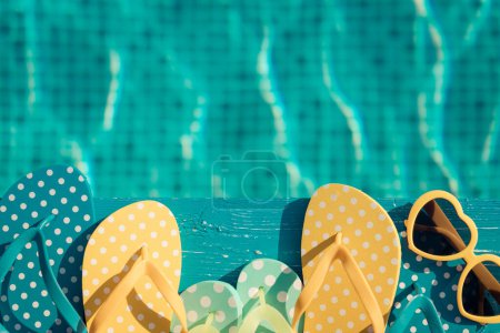 Téléchargez les photos : Tongs de plage et lunettes de soleil sur bois bleu sur fond d'eau. Concept vacances d'été et voyage - en image libre de droit