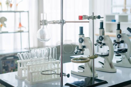 Photo for Science laboratory, Microscope and test tubes on the working table chemistry laboratory, scientist test tube with samples - Royalty Free Image