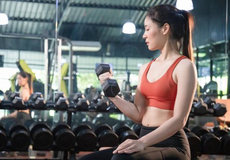 Téléchargez les photos : Fitness femme haltère de levage dans la salle de gym fitness, Jeune fille faisant des exercices avec haltère - en image libre de droit
