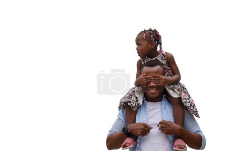 Photo for Father and daughter with clipping path on white background, Father carrying daughter on shoulders, Cheerful african american girl on the shoulders of his fathe - Royalty Free Image