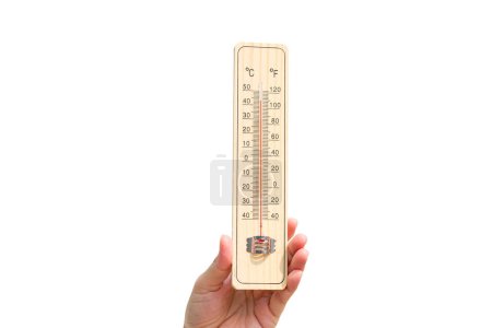 Téléchargez les photos : Thermomètre à main avec chemin de coupe sur fond blanc, Température chaude - en image libre de droit