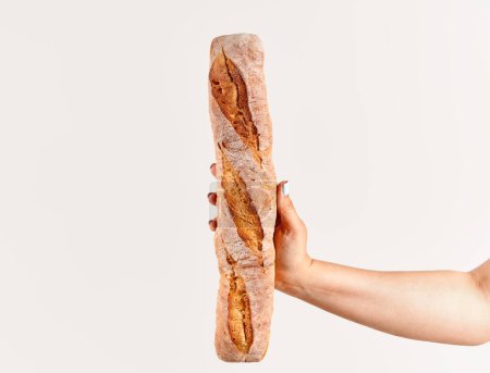 Baguette bread in woman hand over white background. Bakery, food concept