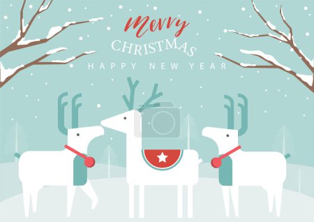 Téléchargez les illustrations : Joyeux Noël et bonne année vecteur de carte de vacances avec animal mignon, forêt, dessin pour affiche ou modèle.. - en licence libre de droit