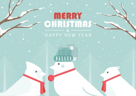 Téléchargez les illustrations : Joyeux Noël et bonne année vecteur de carte de vacances avec animal mignon, forêt, dessin pour affiche ou modèle.. - en licence libre de droit