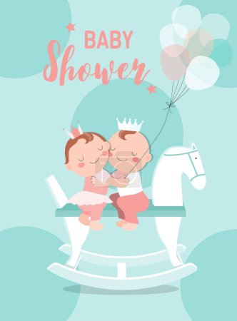 Ilustración de Tarjetas de invitaciones para baby shower con bebés niño y niña, lindo diseño, póster, plantilla, ilustraciones vectoriales. - Imagen libre de derechos