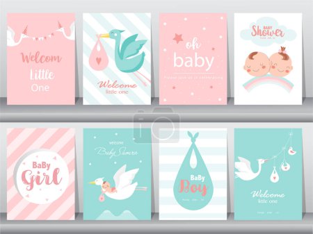 Foto de Baby shower invitaciones tarjetas con bebés niño y niña, lindo diseño, cartel, plantilla, cigüeñas, ilustraciones vectoriales. - Imagen libre de derechos