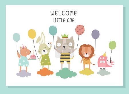 Foto de Cute animal with balloon design.Happy birthday, holiday, baby shower celebration greeting and invitation card.Vector illustrations. - Imagen libre de derechos