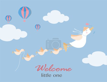 Illustration for Mother duck with her duckling. Baby shower invitations cards with babies boy and girl,cute design,poster,template,Vector illustrations. - Royalty Free Image