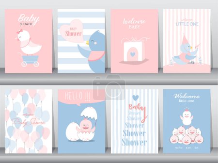 Illustration for Set of baby shower invitation cards,birthday,poster,template,greeting cards,cute,chicken,animals poster,template,Vector illustrations. - Royalty Free Image