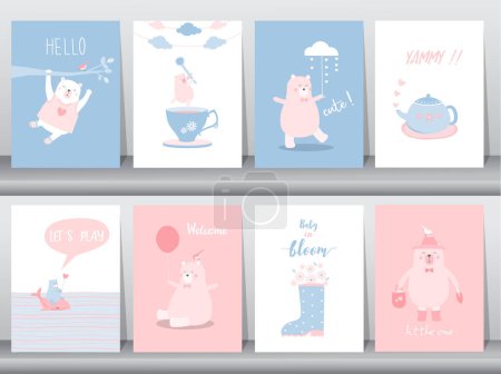 Illustration for Set of baby shower invitation cards,birthday,poster,template,greeting cards,cute,bear,animals poster,template,Vector illustrations. - Royalty Free Image