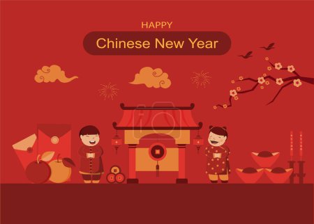 Illustration for Cute kids characters for Chinese new year on red background, greeting card, card, Vector illustrations. - Royalty Free Image