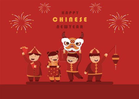 Téléchargez les illustrations : Bonne année chinoise avec des personnages de gens mignons pour le défilé exécutant la danse traditionnelle dragon et lion.. - en licence libre de droit