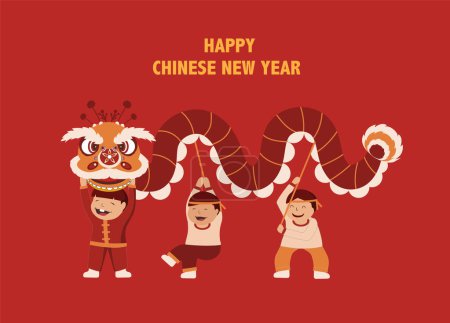 Téléchargez les illustrations : Bonne année chinoise avec des personnages de gens mignons pour le défilé exécutant la danse traditionnelle dragon et lion.. - en licence libre de droit