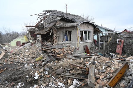 Photo for Velyka Vilshanytsia, Ukraine - March 9, 2023: Rubble of a house following a Russian strike in Lviv region. - Royalty Free Image