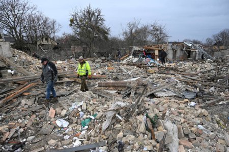 Photo for Velyka Vilshanytsia, Ukraine - March 9, 2023: Rubble of a house following a Russian strike in Lviv region. - Royalty Free Image