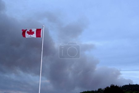 Téléchargez les photos : Les feux de forêt au Canada. La fumée d'un feu de forêt s'élève dans le ciel au-dessus de la ville - en image libre de droit