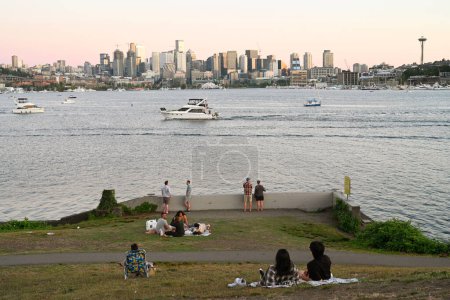 Photo for Seattle, WA, USA - August 3, 2023: People rest in Gas Works Park in city of Seattle. - Royalty Free Image