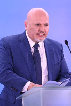 Photo for Lviv, Ukraine - March 3, 2023. Prosecutor of the International Criminal Court Karim Khan at the "United for Justice" conference in city of Lviv. - Royalty Free Image