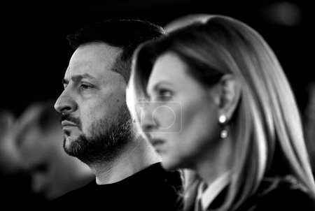 Photo for Lviv, Ukraine - March 3, 2023. Ukrainian President Volodymyr Zelensky (L) and Ukrainian first lady Olena Zelenska (R) at the "United for Justice" conference in city of Lviv - Royalty Free Image