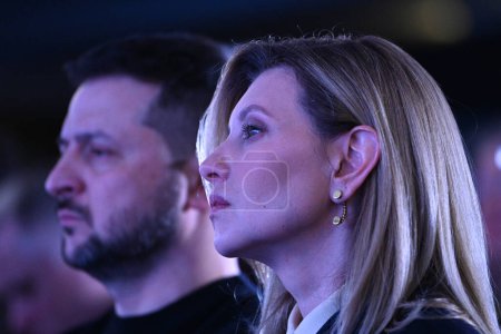 Photo for Lviv, Ukraine - March 3, 2023. Ukrainian first lady Olena Zelenska (R) and Ukraine president Volodymyr Zelensky at the "United for Justice" conference in city of Lviv. - Royalty Free Image