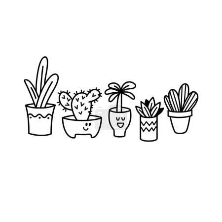 Foto de Conjunto de plantas en maceta en un estilo dibujado a mano. Ilustración lineal vectorial. - Imagen libre de derechos