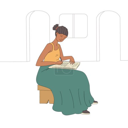 Téléchargez les illustrations : Une jeune fille africaine écrit sur un banc - en licence libre de droit