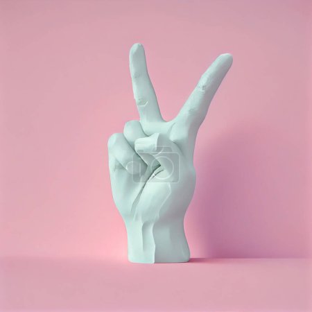 Photo for Hand made of plaster showing victory sign, party sign, rock gesture, shop display manequin body part, minimal pastel pink background - Royalty Free Image