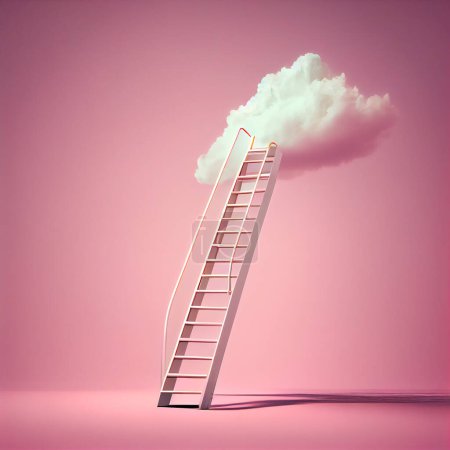 Téléchargez les photos : Escaliers avec rampe menant à un nuage blanc duveteux - fond rose - en image libre de droit
