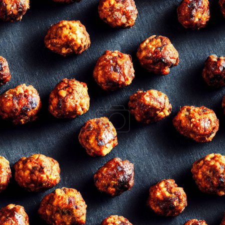 Photo for Fryed meatballs on black slate background or table. Seamless food repeatable pattern.. Top view.Roasted meatballs ready for eat. - Royalty Free Image