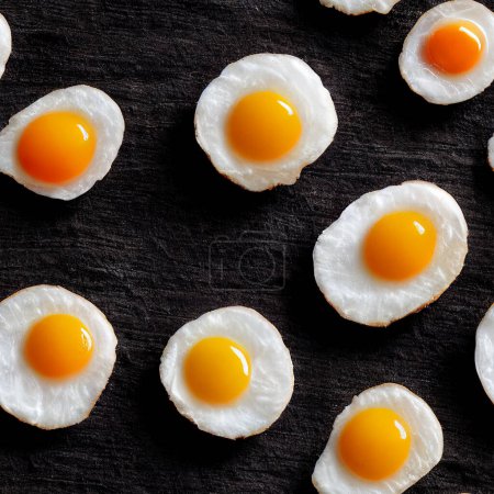 Photo for Fried eggs on black slate background in seamless food pattern. View from above. Food background minimalistic concept. - Royalty Free Image