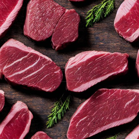 Photo for Raw beef fillet steaks with herbs on wooden background - seamless repeatable pattern background - Royalty Free Image