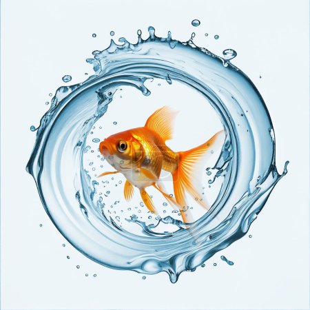 Photo for Goldfish swimming through a water ring. Water jet flowing and splashing in a round frame, liquid splash around a goldfish - Royalty Free Image