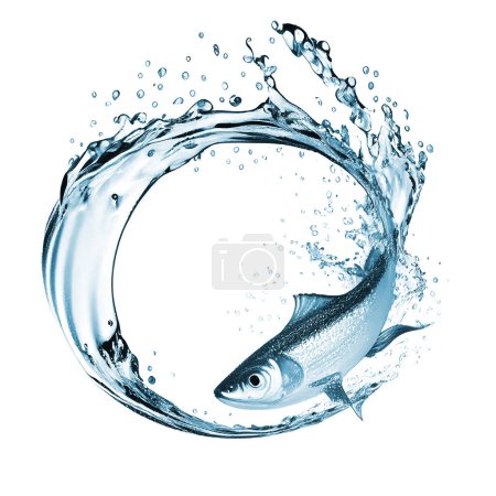 Photo for Fish swimming and leaving a circular water splash trail behind. Suitable for logo design or other water and fishing related projects. White background - Royalty Free Image