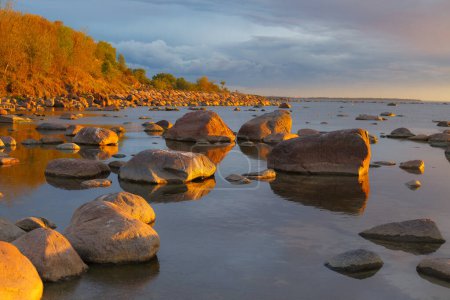 Felsige Küste mit Steinen, die im Meerwasser versinken. Sonnenuntergang, oranges Licht, Estland.