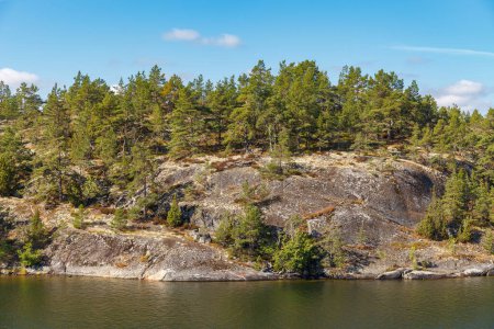 Stockholm Archipelago, view from the cruise ship. Rocks with trees.