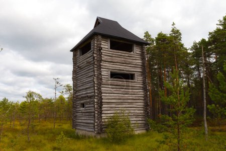 Wooden observation tower in the woods. Tower looks like a tall wooden hut.