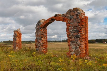 ruines d'une ancienne grange faite de blocs et de briques rouges au milieu d'un champ de bleuets, une attraction touristique non officielle qui ressemble au célèbre Stonehenge en Grande-Bretagne, Smiltene, Lettonie