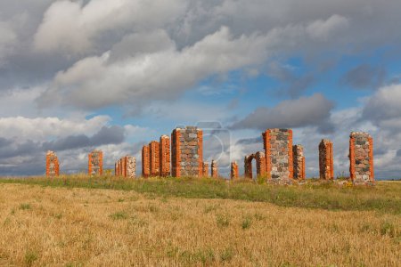Ruinen einer alten Scheune aus Geröll und roten Ziegeln inmitten eines Kornblumenfeldes, einer inoffiziellen Touristenattraktion, die dem berühmten Stonehenge in Großbritannien ähnelt, Smiltene, Lettland