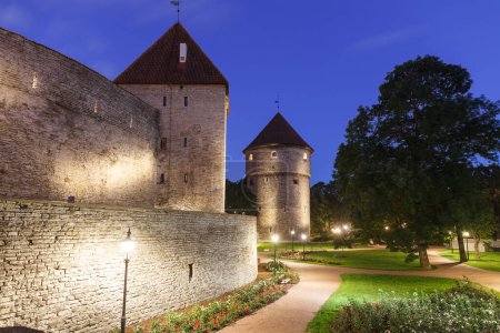Illuminated towers and roof in the Old Town of Tallinn, Estonia