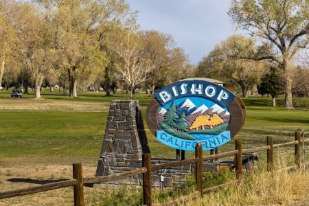 Photo for Bishop, CA USA - April 04, 2022 : Welcome signpost to Bishop city at the entrance along famous highway number 385. - Royalty Free Image