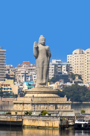 Photo for Hyderabad, Telangana, India - October 25, 2022 : Buddha statue in Hyderabad, India, is the world's tallest monolith of Gautama Buddha erected in the middle of Hussain sagar lake. - Royalty Free Image