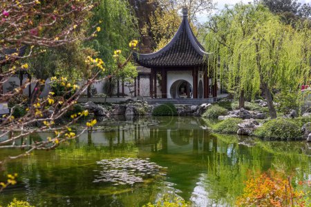 Photo for Pavilion by the pond in Chinese garden with in Huntington Botanical gardens, California. - Royalty Free Image
