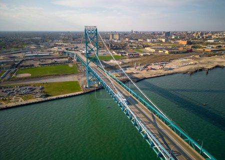 Photo for Detroit, Michigan USA - April 15, 2023: The Ambassador Bridge remains the largest international suspension bridge in North America. - Royalty Free Image